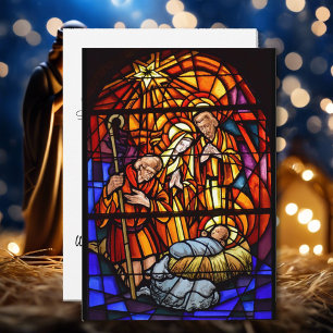 Stained Glass Window Personalise Message Nativity Holiday Card
