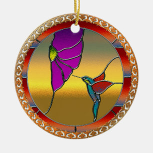 Stained Glass Window Turquoise Hummingbird Ceramic Tree Decoration