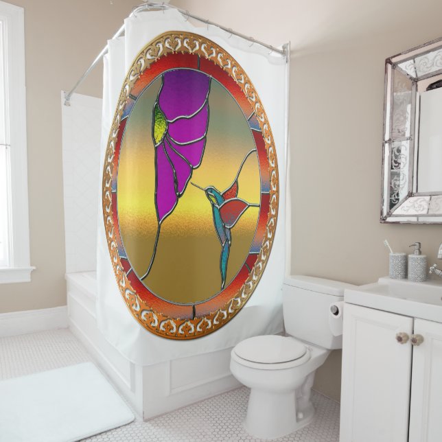 Stained Glass Window Turquoise Hummingbird Shower Curtain (In Situ)