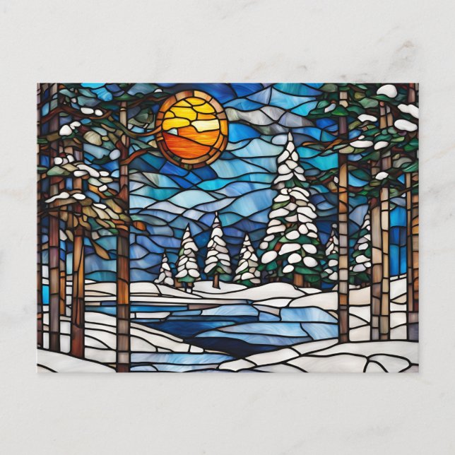 Stained Glass Winter Forest Landscape  Holiday Postcard (Front)