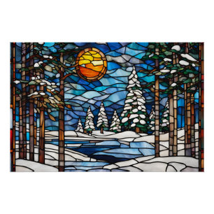 Stained Glass Winter Forest Landscape Poster