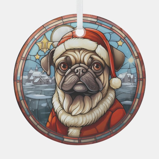Stained Glass Winter Village Pug Dog Christmas Glass Tree Decoration (Front)