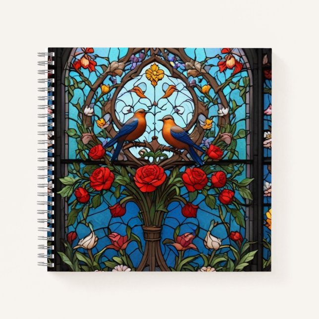 Stained Glass With Birds And Flowers Notebook (Front)