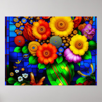 Stained glass with colourful flowers poster