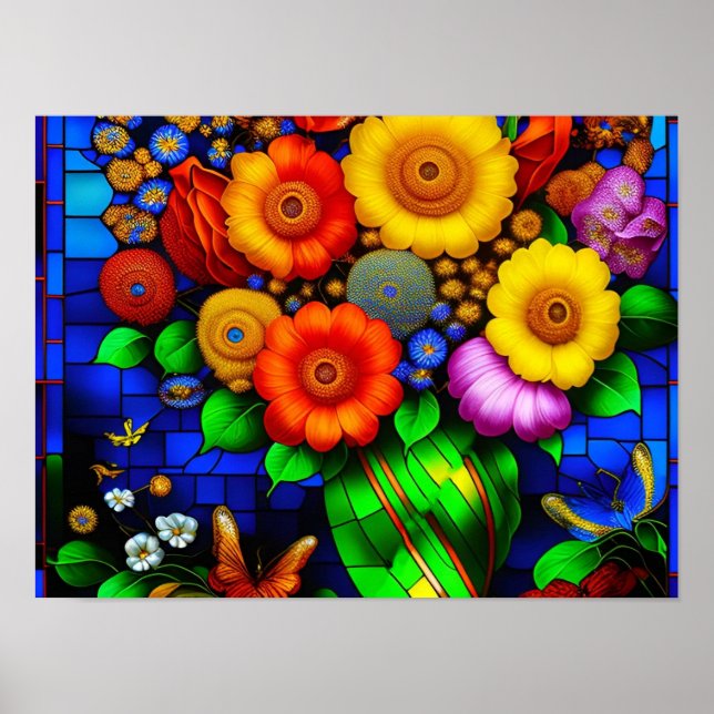 Stained glass with colourful flowers  poster (Front)