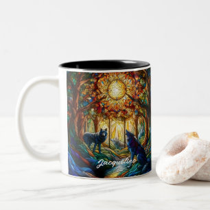 Stained Glass Wolves in Forest Two-Tone Coffee Mug