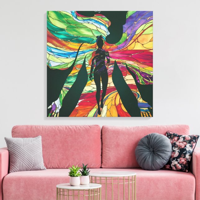 Stained Glass Woman in Green Dress Vibrant Digitat Canvas Print (Insitu(LivingRoom))