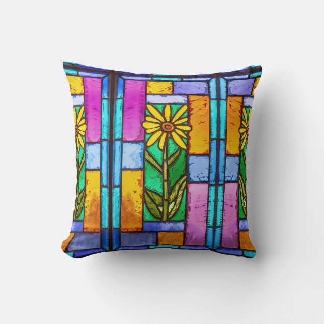 Stained Glass Yellow Daisy Cushion (Front)