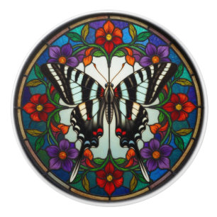Stained Glass Zebra Swallowtail Butterfly Ceramic Knob