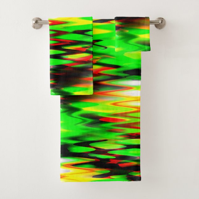 Stained red and green forming abstract zigzag bath towel set (Insitu)