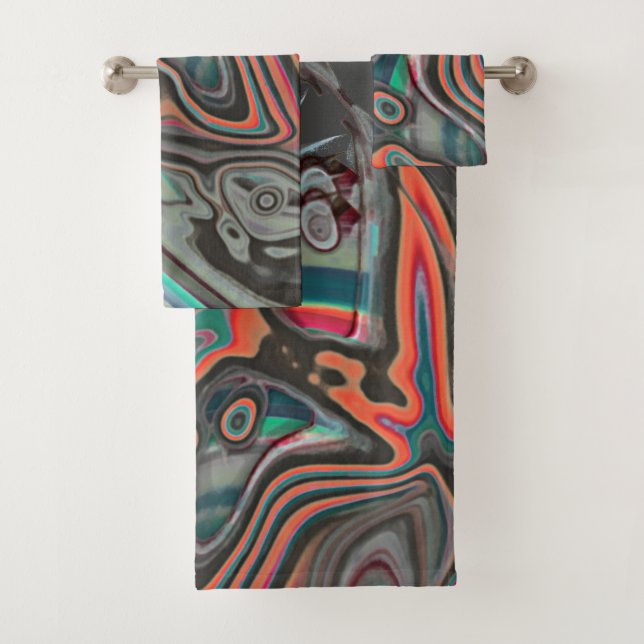 Stained traces of grey, living coral and cyanStain Bath Towel Set (Insitu)