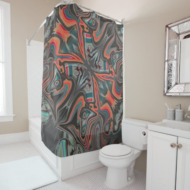 Stained traces of grey, living coral and cyanStain Shower Curtain (In Situ)