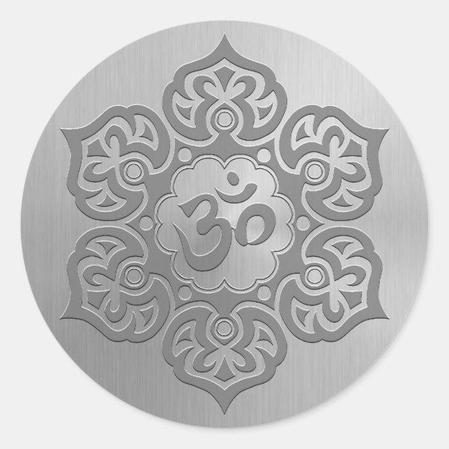 Stainless Steel Effect Floral Aum Graphic Classic Round Sticker (Front)