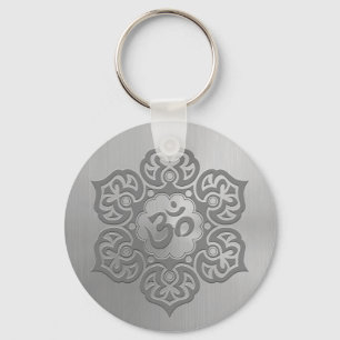 Stainless Steel Effect Floral Aum Graphic Key Ring