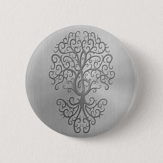 Stainless Steel Effect Treble Clef Tree Graphic 6 Cm Round Badge (Front)