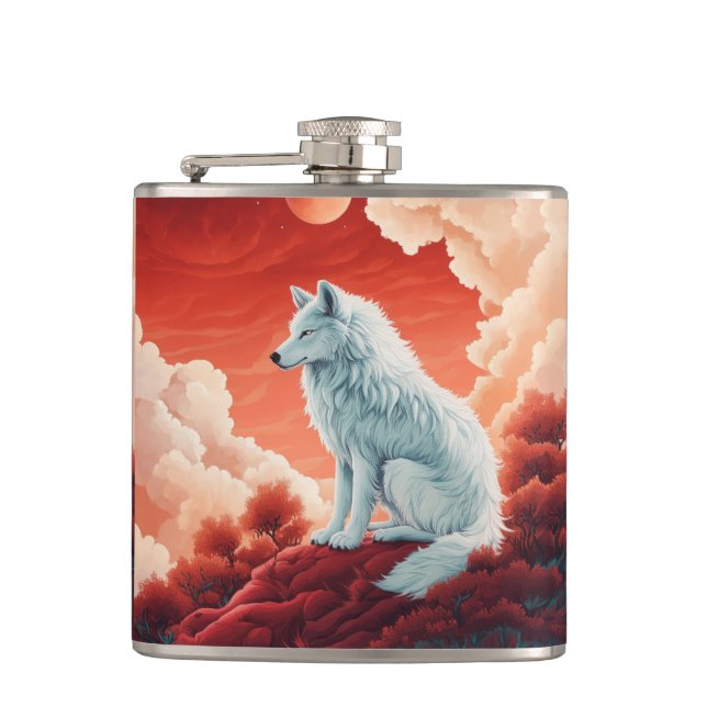 stainless steel flat man with mystical wolf hip flask (Front)