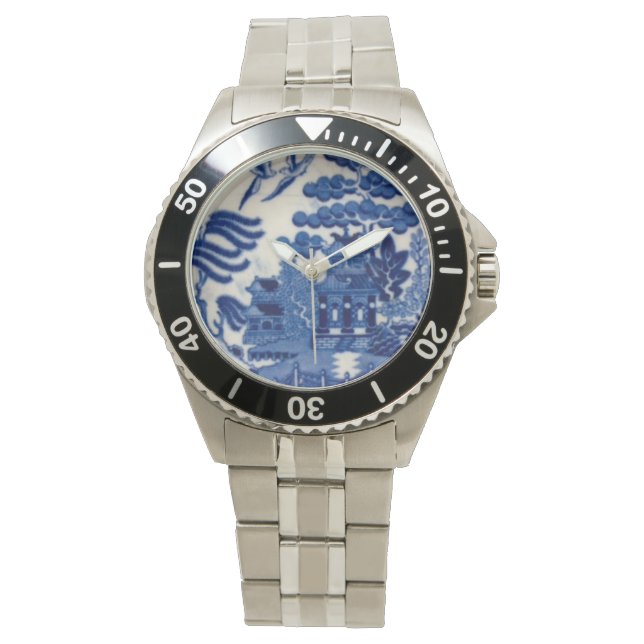 Stainless steel watch with Blue Willow face (Front)