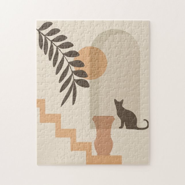 Stairs Leaf Vase Cat, Boho Abstract Geometric Art Jigsaw Puzzle (Vertical)