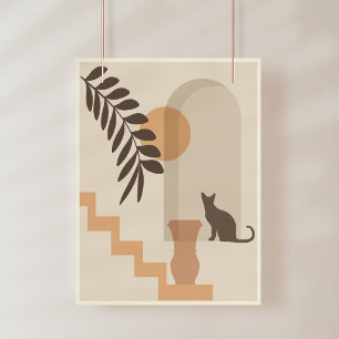 Stairs Leaf Vase Cat, Boho Abstract Geometric Art Photo Print