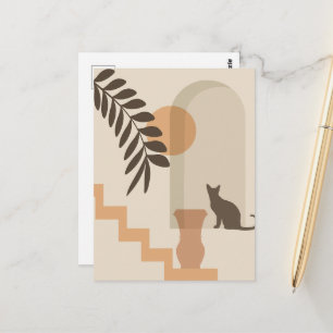 Stairs Leaf Vase Cat, Boho Abstract Geometric Art Postcard