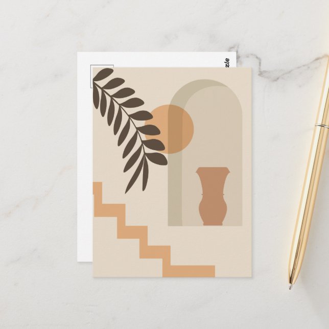 Stairs Leaf Vase Sun, Boho Abstract Geometric Art Postcard (Front/Back In Situ)