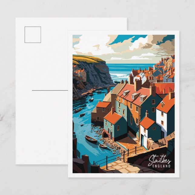 Staithes England vintage travel illustration Postcard (Front/Back)