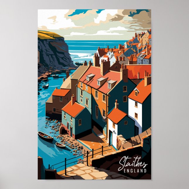 Staithes England vintage travel illustration Poster (Front)