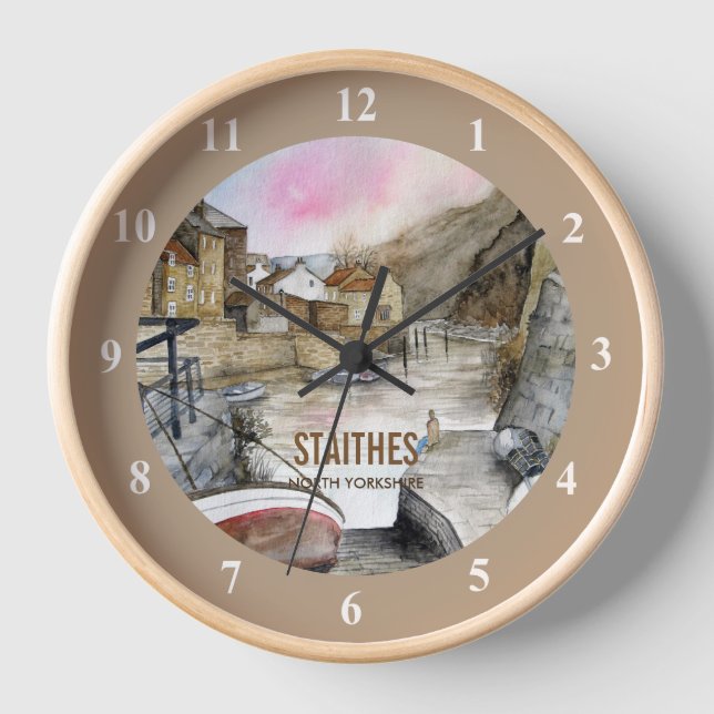 Staithes, North Yorkshire, England Watercolour Clock (Front)