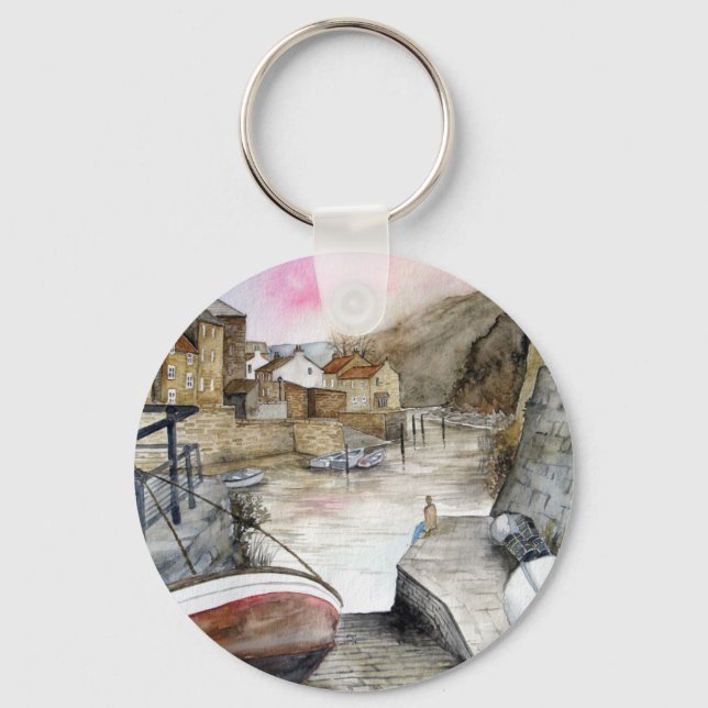 Staithes, North Yorkshire, England Watercolour Key Ring (Front)