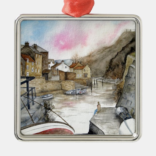 Staithes, North Yorkshire, England Watercolour Metal Tree Decoration (Front)