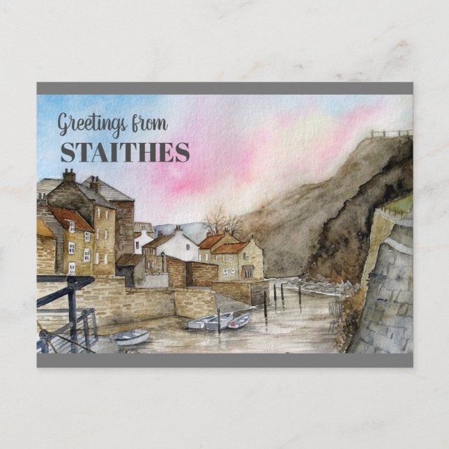 Staithes Yorkshire England Watercolor Painting Postcard (Front)