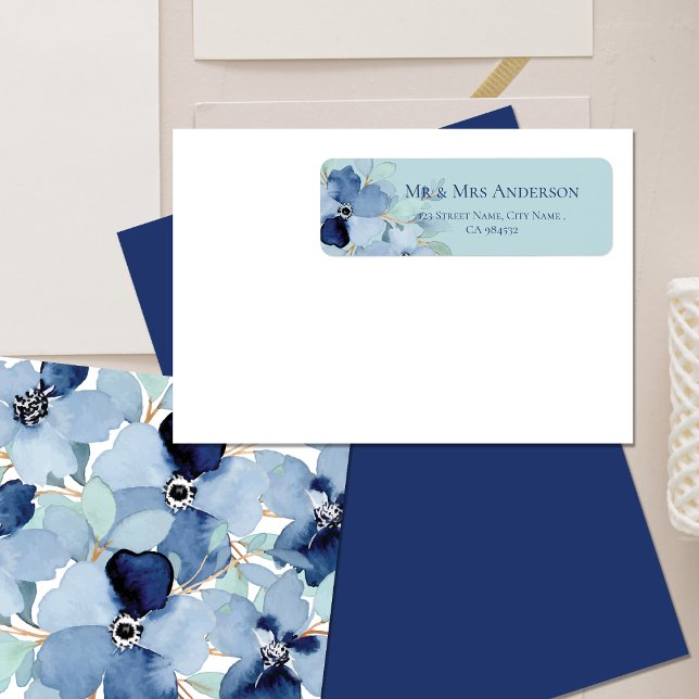 Stale Blue Minimalist Floral Wedding Address (Stale Blue Minimalist Floral Wedding Address Label)