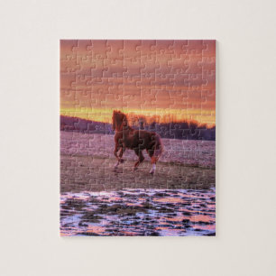 Stallion Running Home at Sunset on Ranch Jigsaw Puzzle