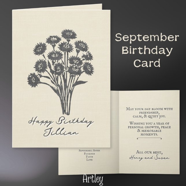Stamped Aster September Birth Flower Linen Card (Creator Uploaded)