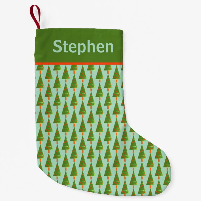 Stamped Christmas Tree Pattern with Name on Stripe Small Christmas Stocking (Front)