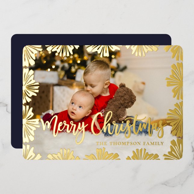 Stamped Floral Frame Photo Foil Holiday Card (Front/Back)