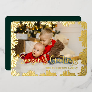 Stamped Floral Frame Photo Foil Holiday Card
