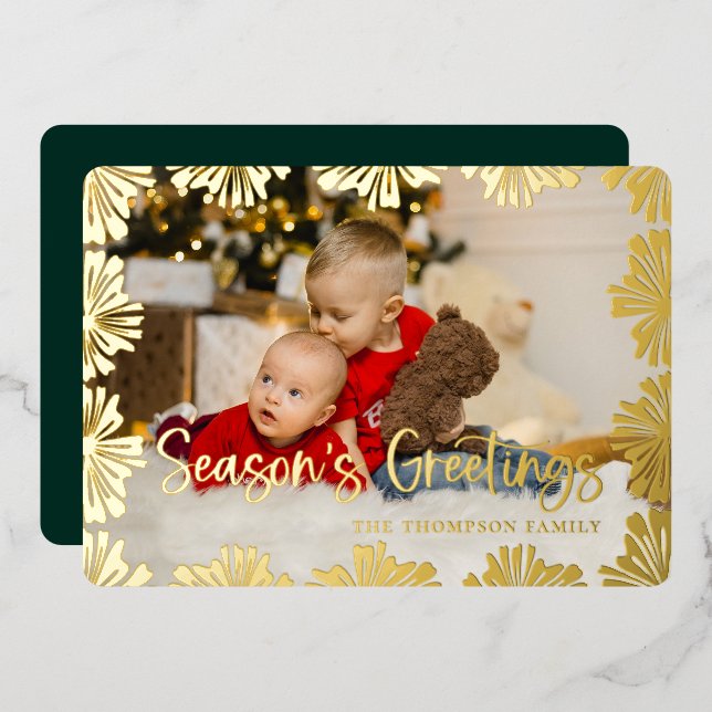 Stamped Floral Frame Photo Foil Holiday Card (Front/Back)