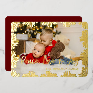 Stamped Floral Frame Photo Foil Holiday Card