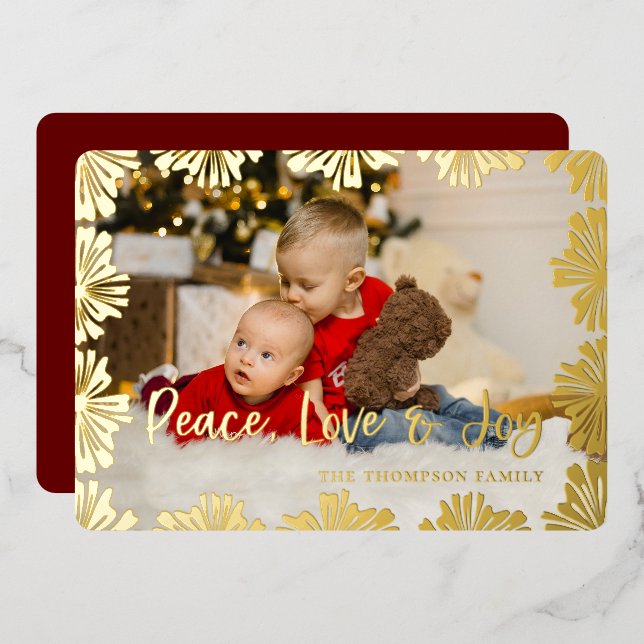 Stamped Floral Frame Photo Foil Holiday Card (Front/Back)