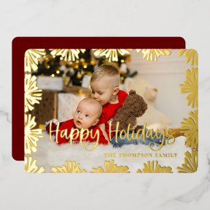 Stamped Floral Frame Photo Foil Holiday Card