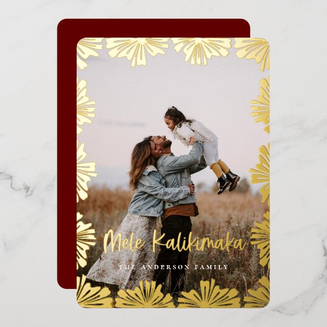 Stamped Floral Frame Photo Foil Holiday Card (Front/Back)