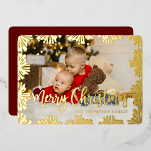 Stamped Floral Frame Photo Foil Holiday Card