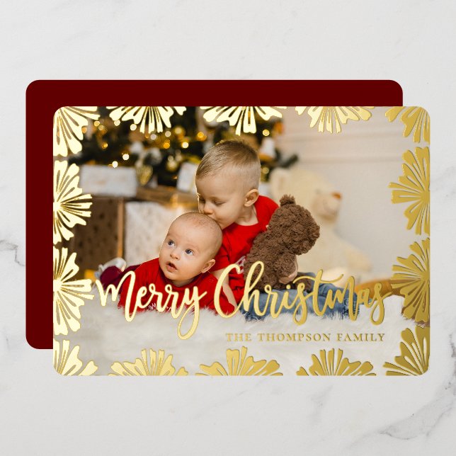 Stamped Floral Frame Photo Foil Holiday Card (Front/Back)