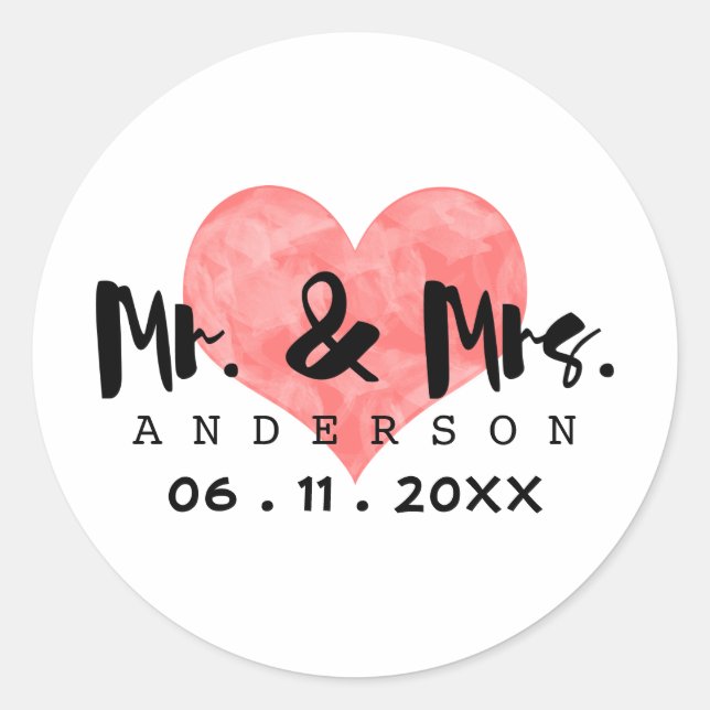 Stamped Heart Mr & Mrs Wedding Date Classic Round Sticker (Front)