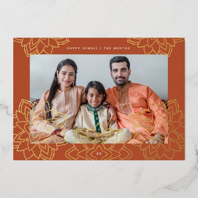 Stamped lotus Happy Diwali Photo Gold Foil Holiday Card (Front)