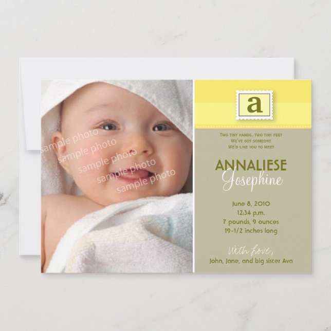 Stamped Monogram Birth Announcement :: yellow (Front)