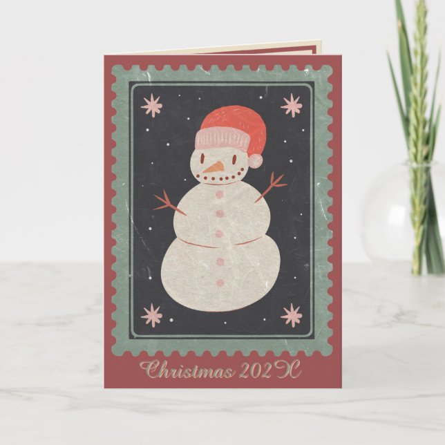 Stamps Snowman Christmas Holiday Card Red & Green (Front)