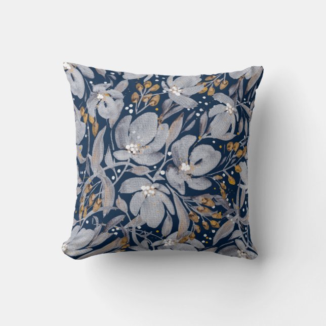Stand Out-Silver and Gold Floral on Midnight Blue Cushion (Front)