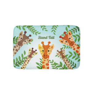 Stand Tall Smiling Giraffes Cartoon Leaves Sky Bath Mat